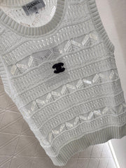 Lace-Knit Sleeveless Vest with Geometric Motifs