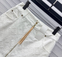 White Denim Co-ord Set with Embossed Motifs & Hardware Accents