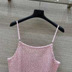 Pink Lurex Knit Camisole with Ruffled Hem