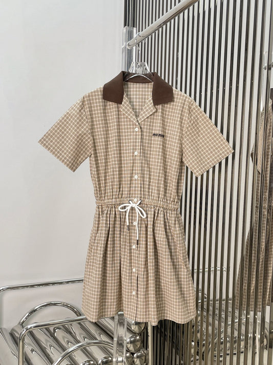 Plaid Shirt Dress with Contrast Collar & Drawstring Waist