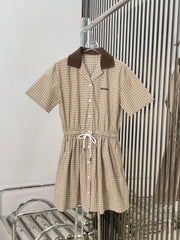 Plaid Shirt Dress with Contrast Collar & Drawstring Waist
