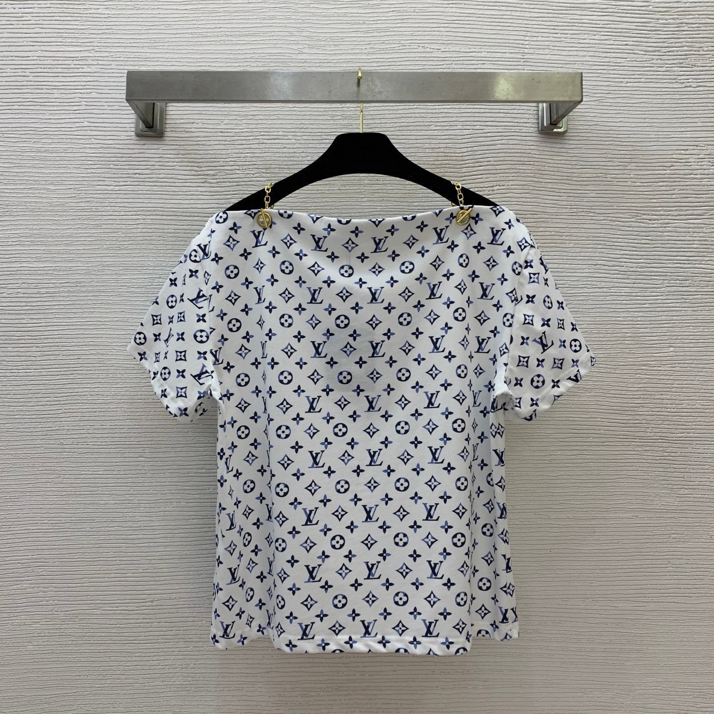 Monogram Off-Shoulder Top with Chain Hardware