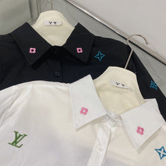 Two-Tone Embroidered Shirts with Denim Pocket Accent