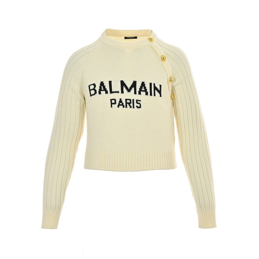 Women's letter logo metal button crew neck sweater