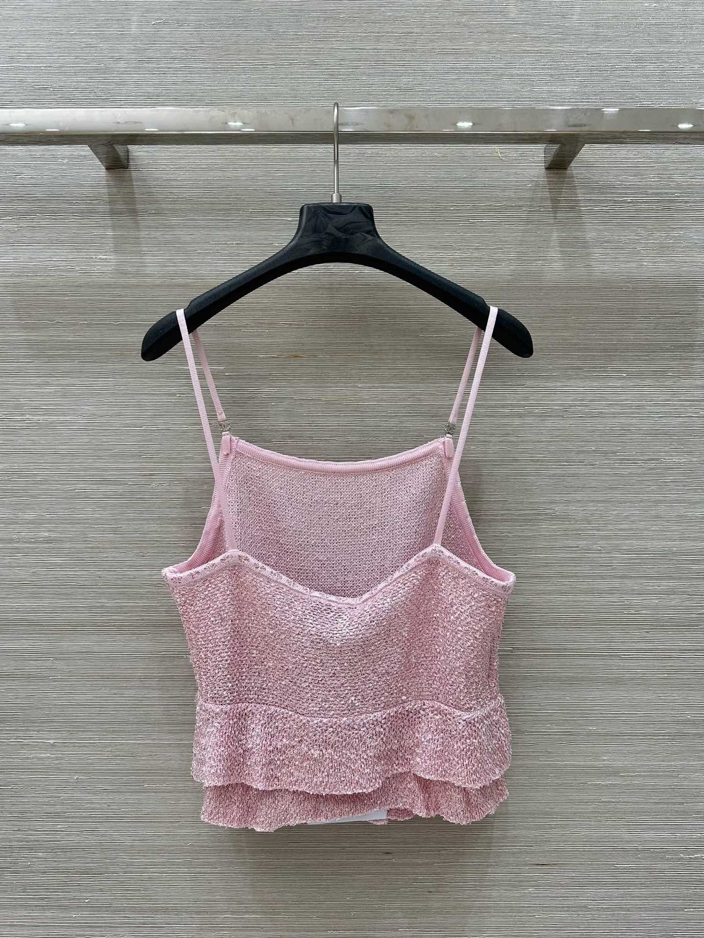 Rosafarbenes Lurex-Strick-Camisole mit Rüschensaum 