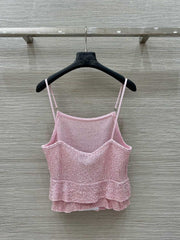 Pink Lurex Knit Camisole with Ruffled Hem
