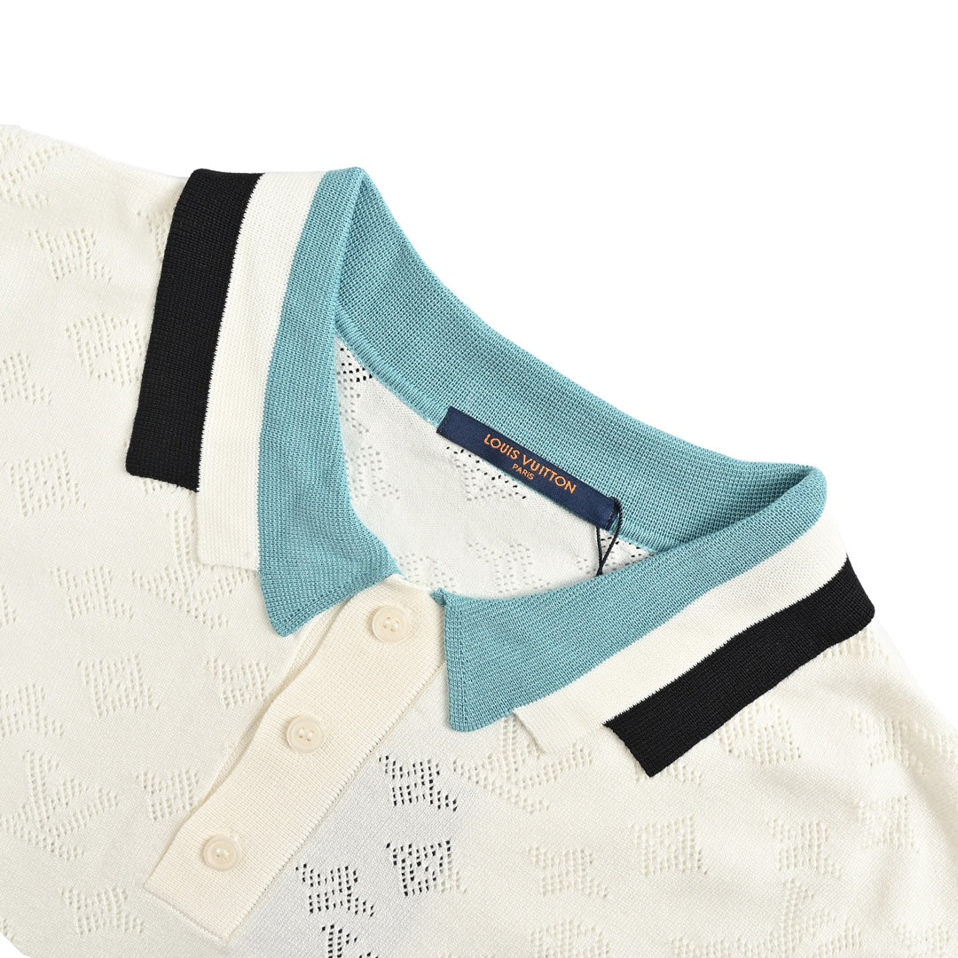 Poloshirt mit kurzen Ärmeln aus Jacquard-Strick mit altem Hohlmuster 