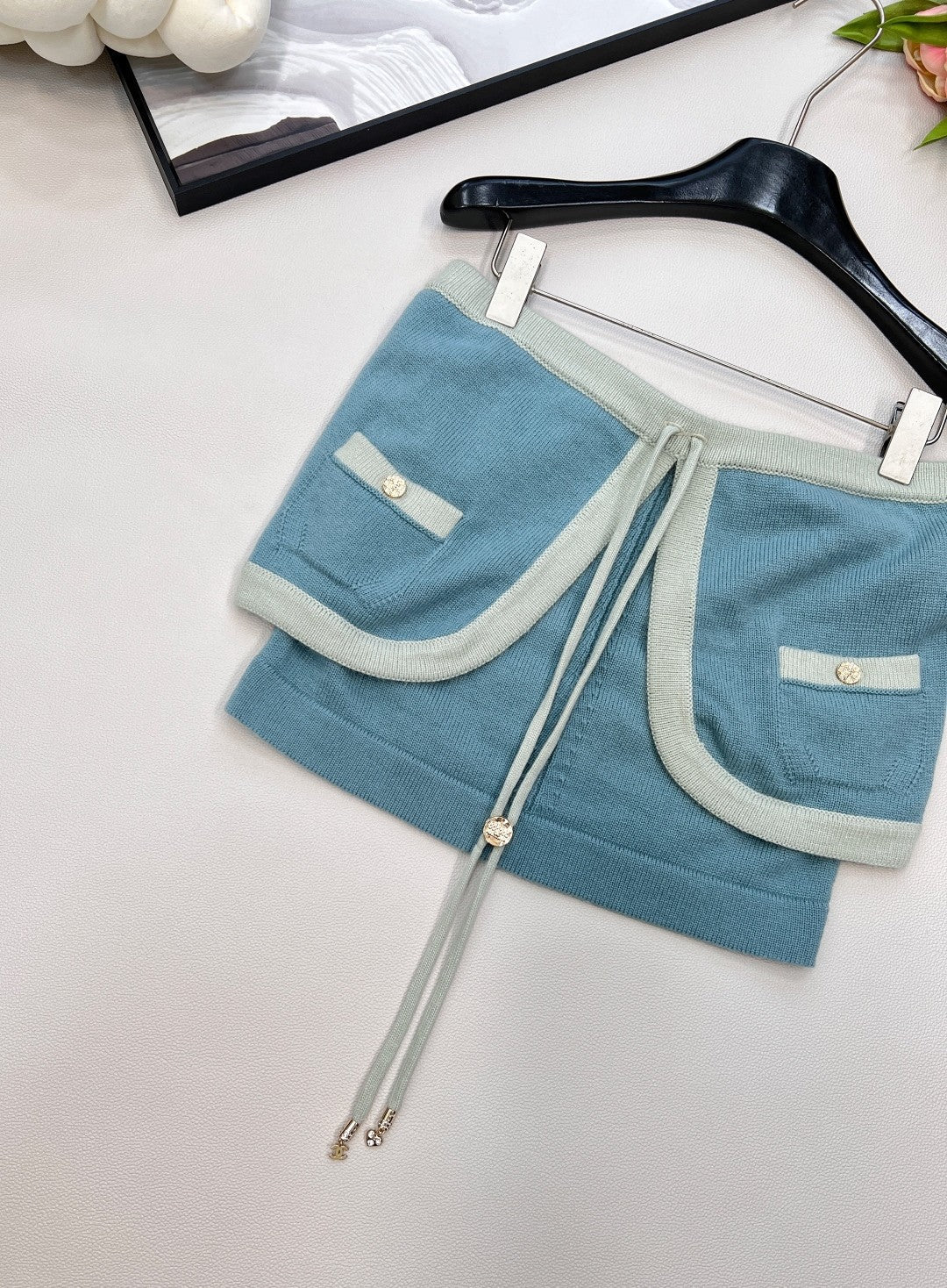 Dual-Textile Bottoms: Printed Denim Shorts + Knit Mini Skirt