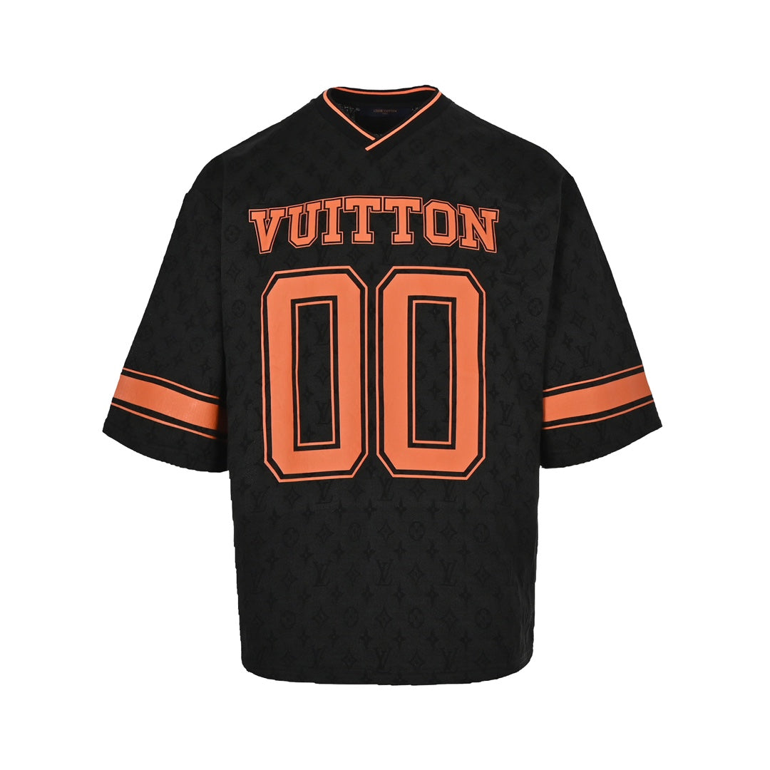 Col en V, manches courtes, lettres orange 