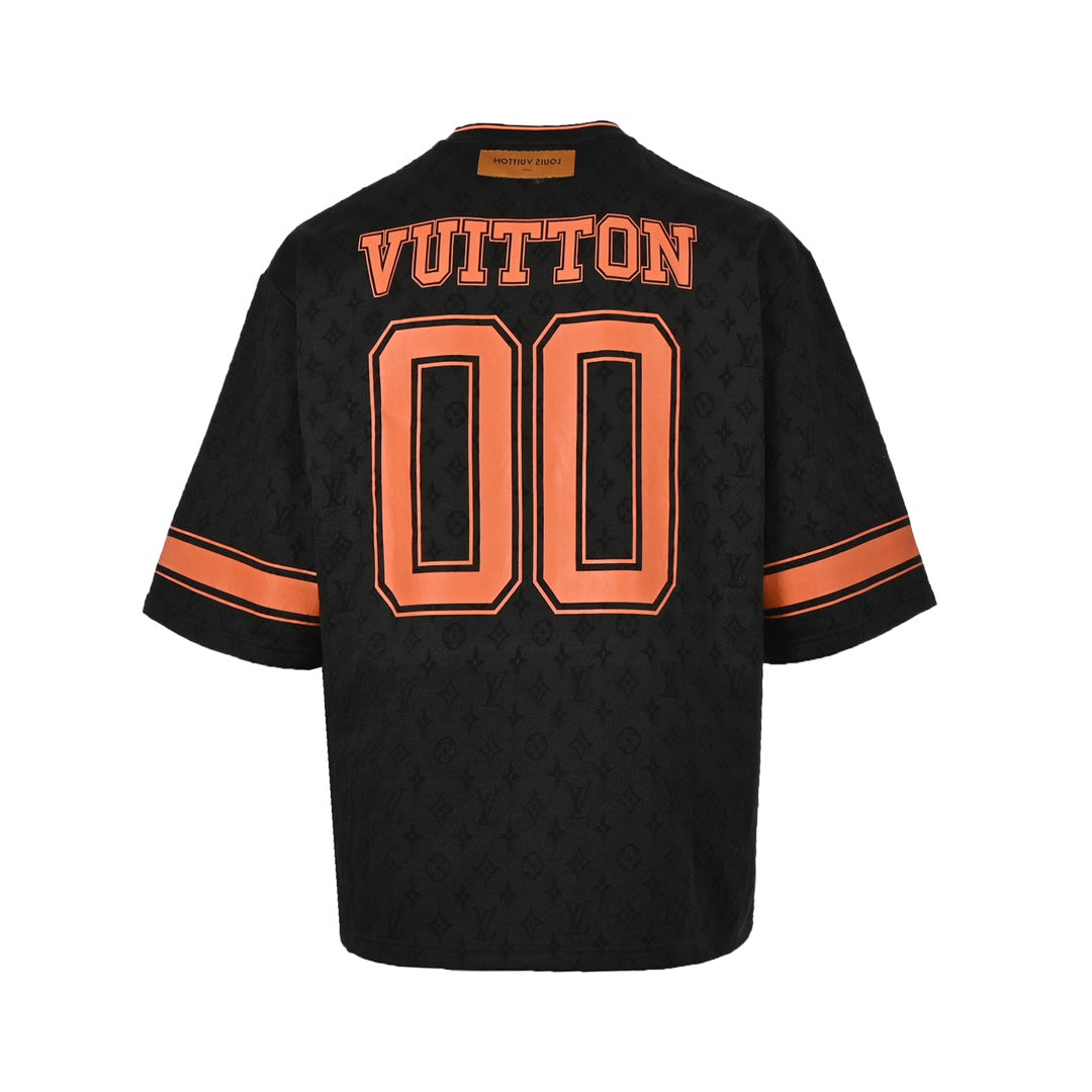 Col en V, manches courtes, lettres orange 